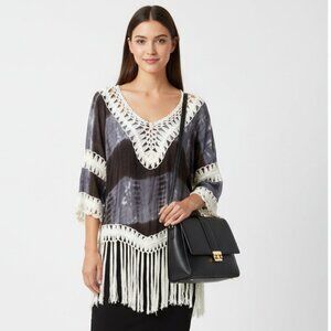 Time Line Gray & Ivory Crochet Tie Dye 3/4 Sleeve Fringe Trim Blouse Top S